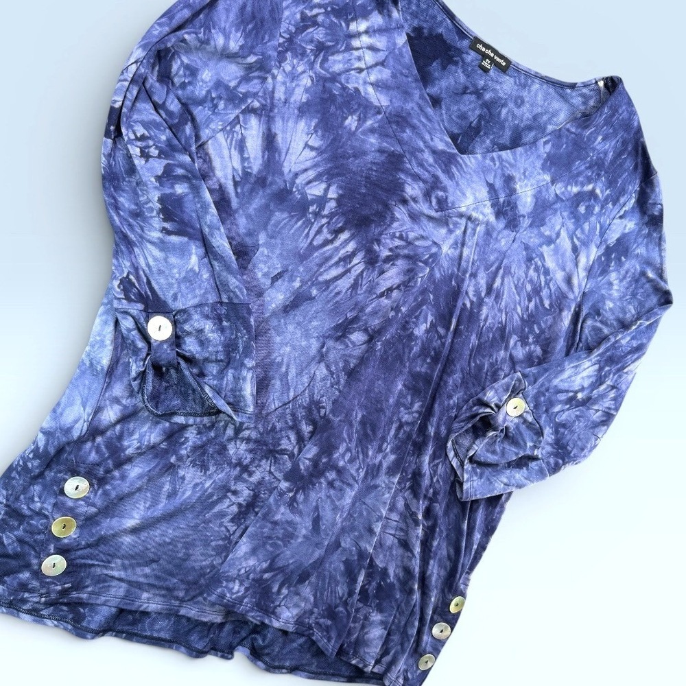 Cha Cha Vente‎ Tunic Woman 2X Blue Tie Dye Button Detail V-Neck Casual Boho Top
